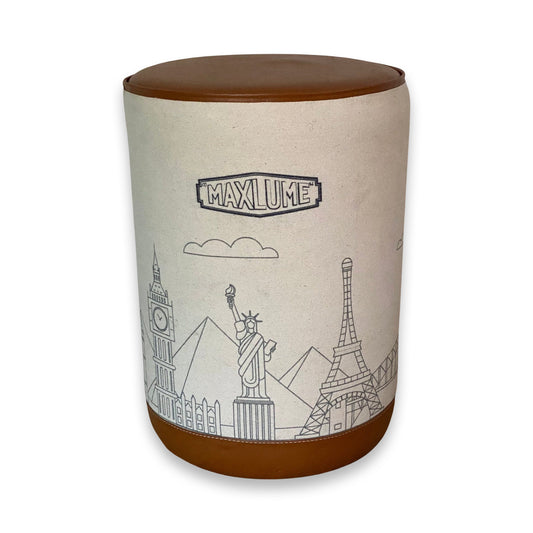 Pouffe ‘Wonders Of The World’ Pouf Solid Base Genuine Leather | Vintage Style | Floor Standing | Man Cave Stool