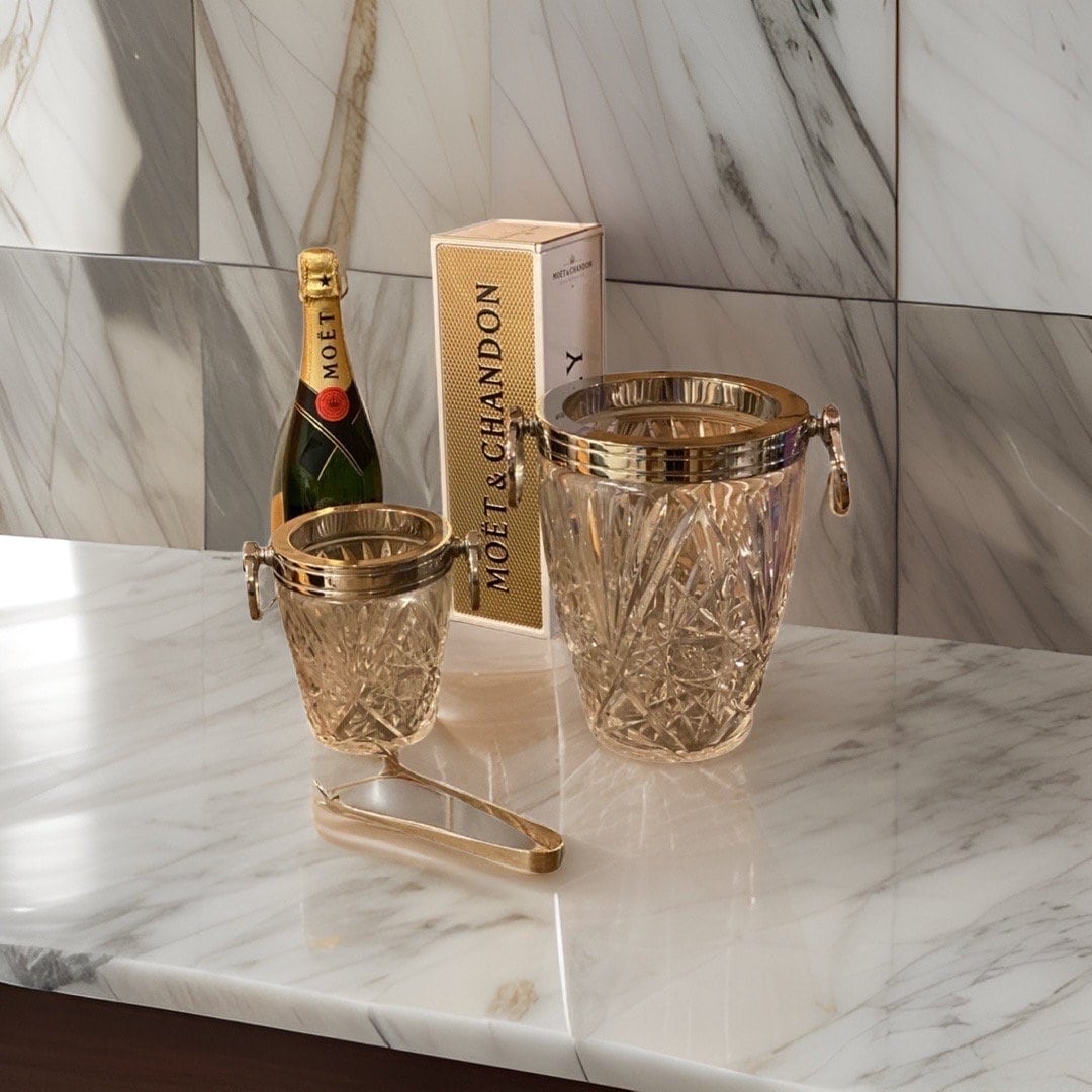 Maxlume ~ Luxury 3 Piece Solid Glass Hand Cut Engraved Wine & Ice Cooler Champagne Glass French Bucket