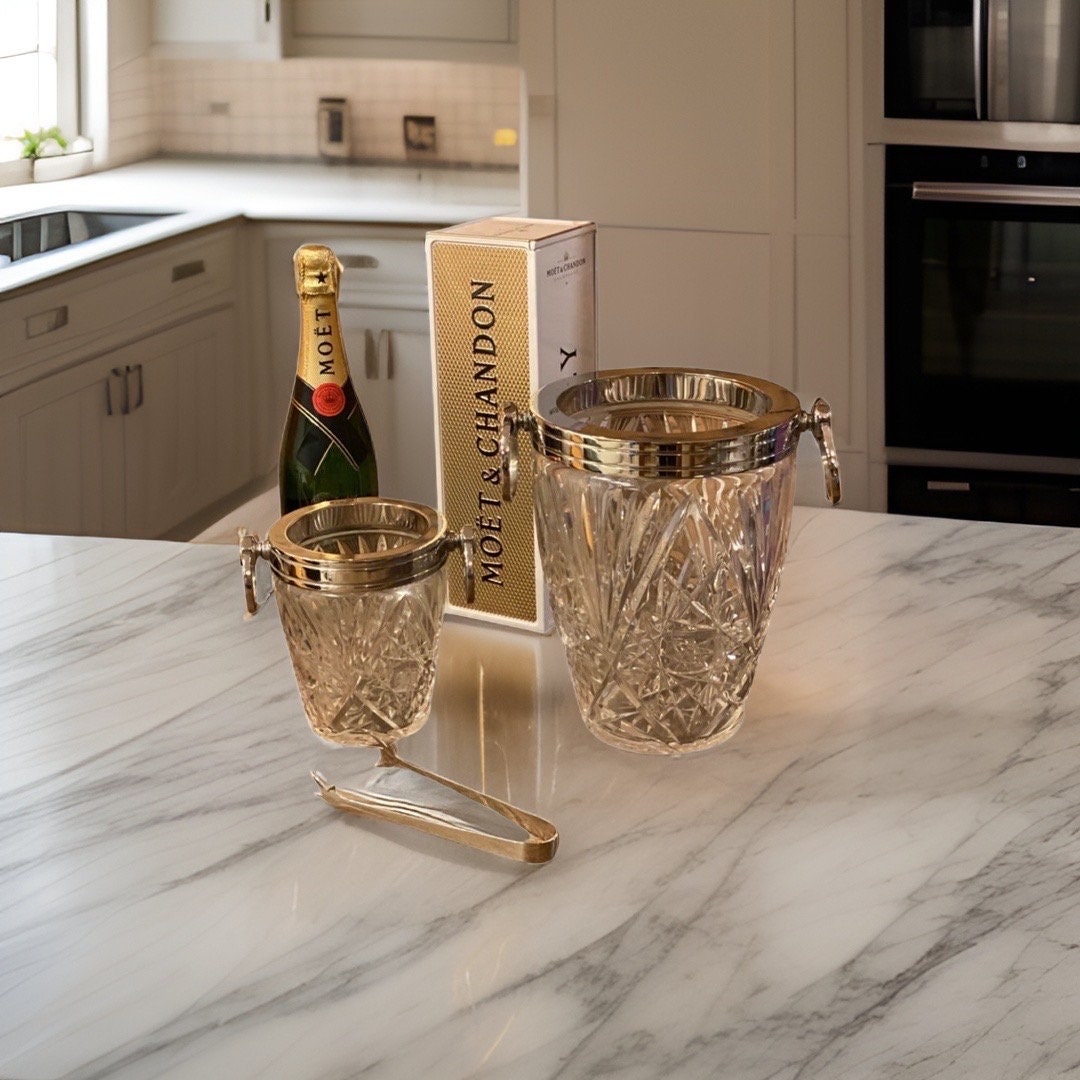 Maxlume ~ Luxury 3 Piece Solid Glass Hand Cut Engraved Wine & Ice Cooler Champagne Glass French Bucket