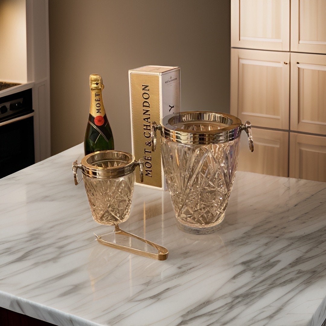 Maxlume ~ Luxury 3 Piece Solid Glass Hand Cut Engraved Wine & Ice Cooler Champagne Glass French Bucket