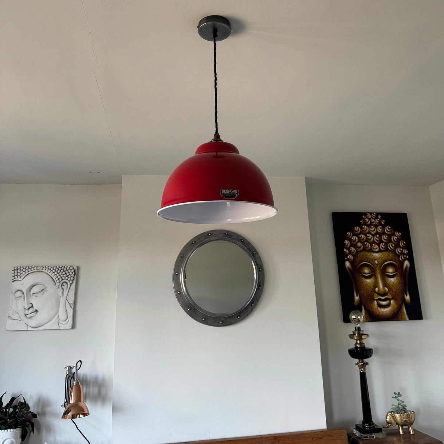 Morley XL ~ British Red RLM Deep Dome Reflector Lampshade Pendant Set Light ~ 13 Inch