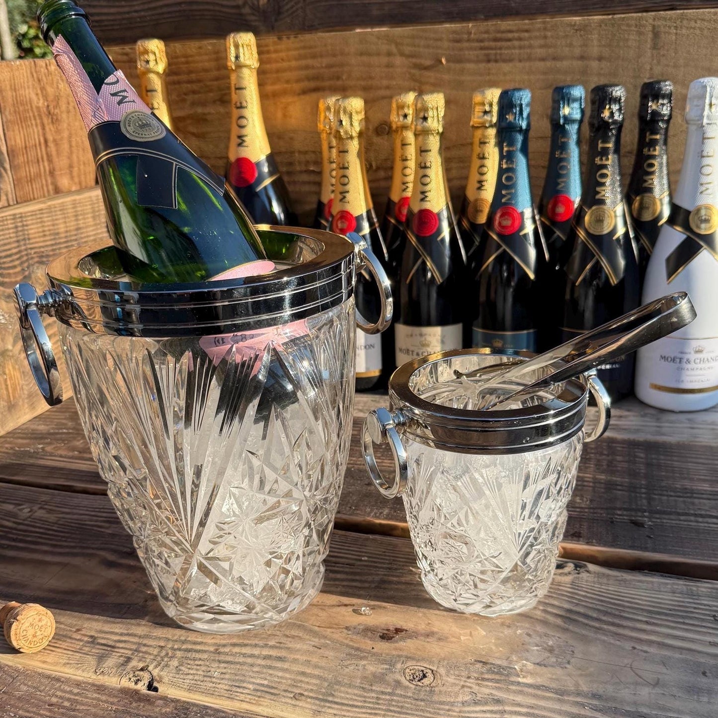 Maxlume ~ Luxury 3 Piece Solid Glass Hand Cut Engraved Wine & Ice Cooler Champagne Glass French Bucket