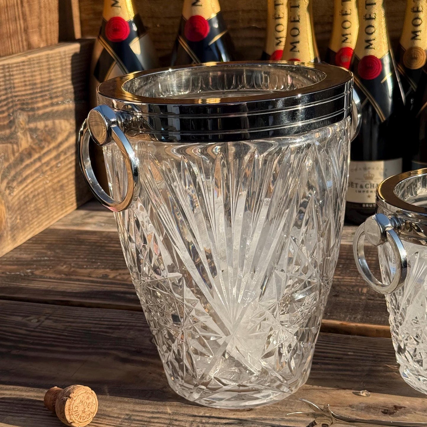 Maxlume ~ Luxury 3 Piece Solid Glass Hand Cut Engraved Wine & Ice Cooler Champagne Glass French Bucket