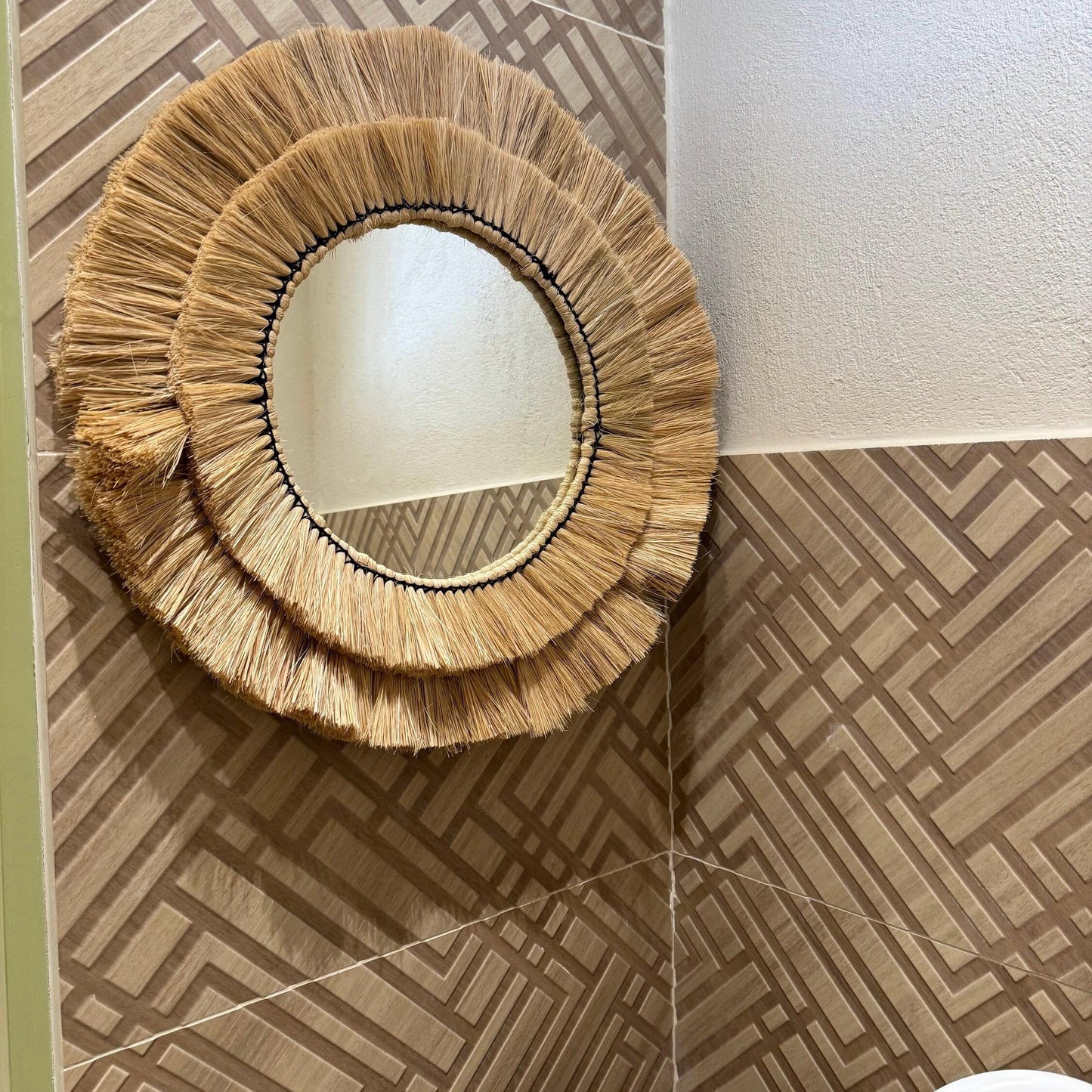 Maxlume ~ Handmade Round Wall Glass Mirror in double contour cane raffia for an ultra trendy decoration | made by hand | 22 Inch
