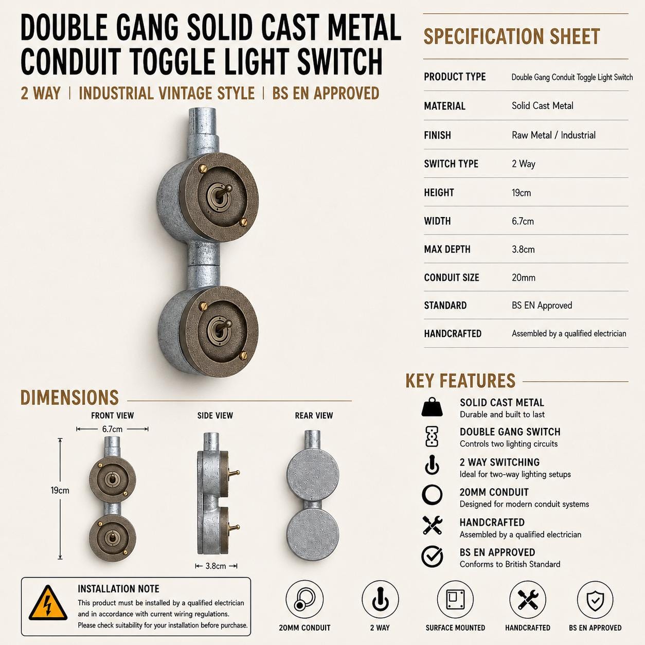 Double Gang Cast Metal Conduit Light Switch | 2 Way Vintage