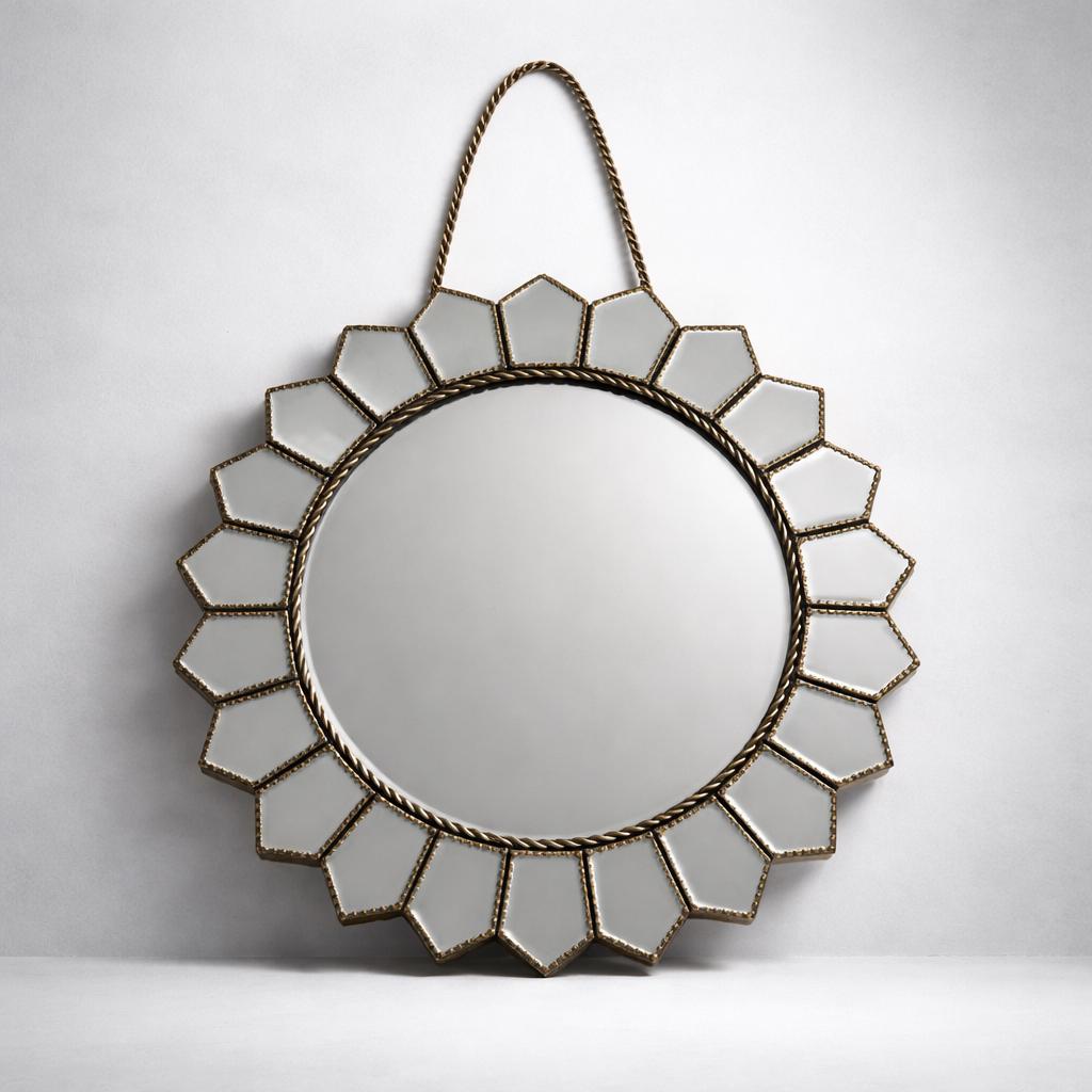 Antique Gold Flower Sunburst Round Wall Mirror