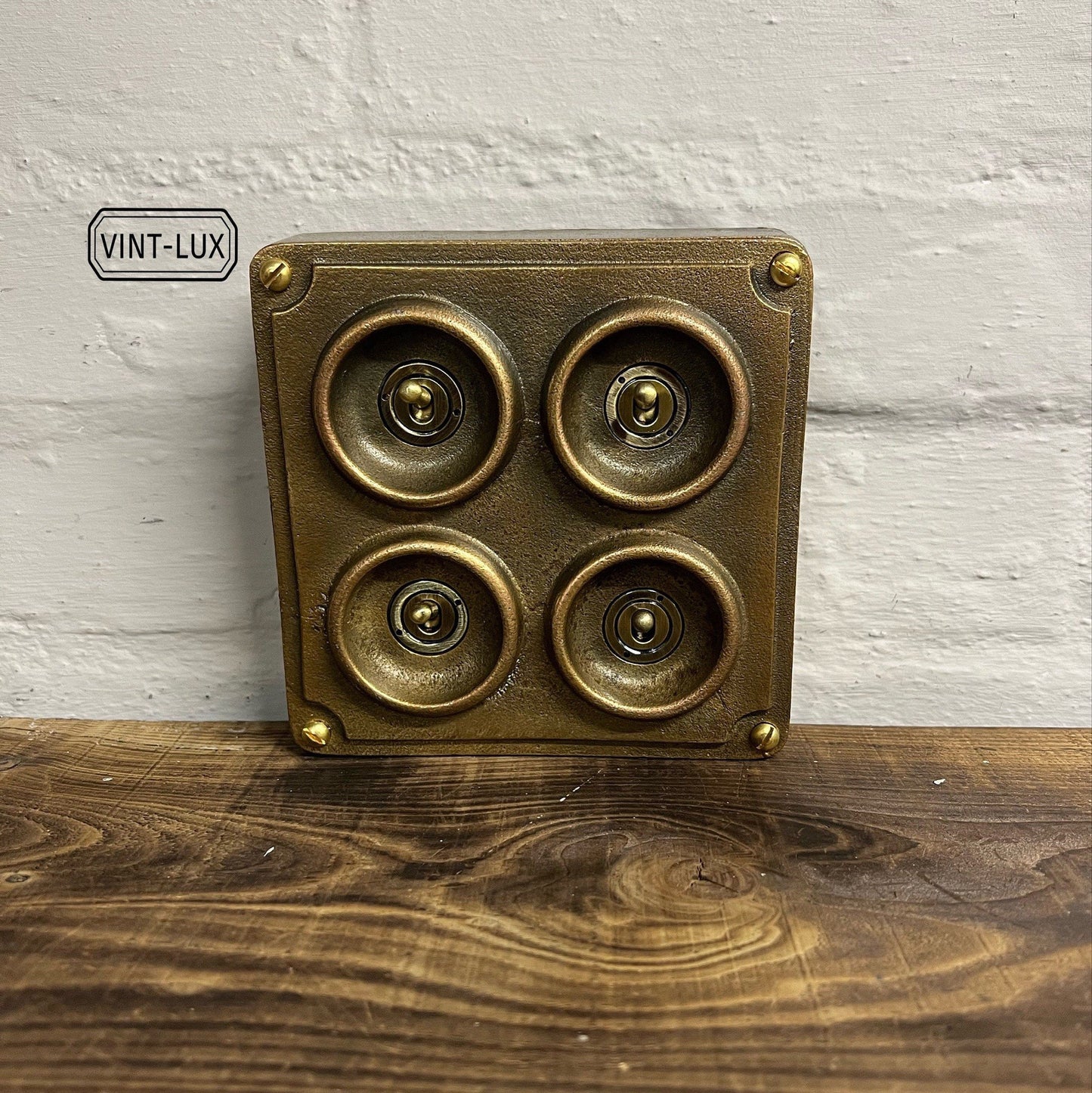 4 Gang 2 Way Solid Antique Brass Bronze Metal Conduit Light Switch Industrial - BS EN Approved Vintage Crabtree 1950’s Style