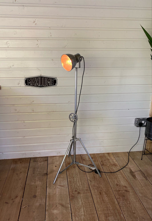 Watton ~ Industrial Tripod Floor Lamp Theatre Spot Light Living Room Vintage