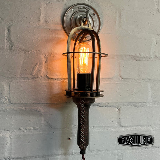 Solid Antique Brass Cage & Oxblood Leather Dimmable Lamp