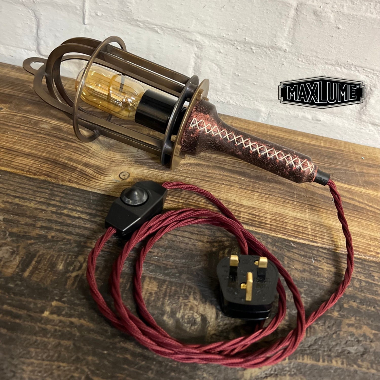 Solid Antique Brass Cage & Oxblood Leather Dimmable Lamp