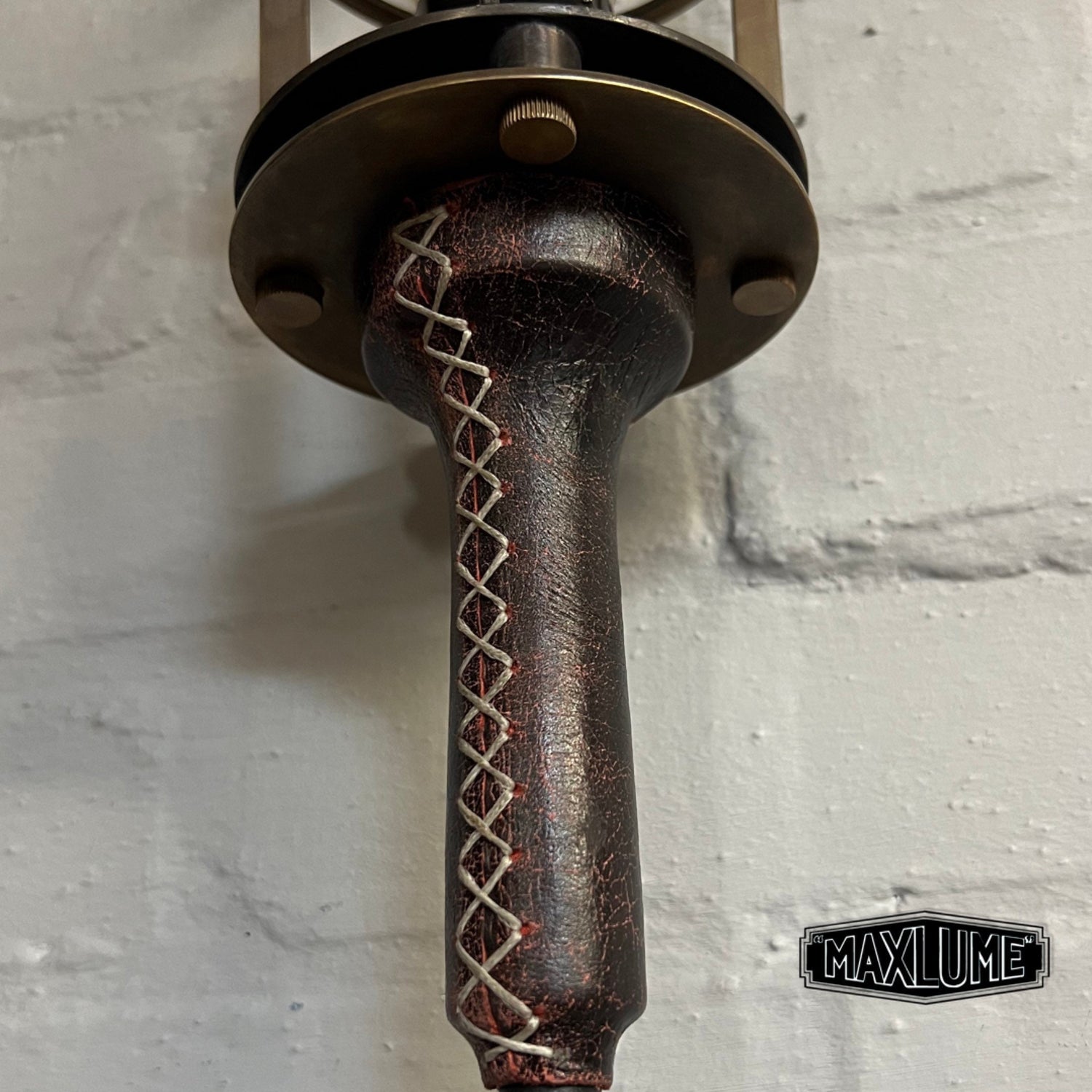 Solid Antique Brass Cage & Oxblood Leather Dimmable Lamp