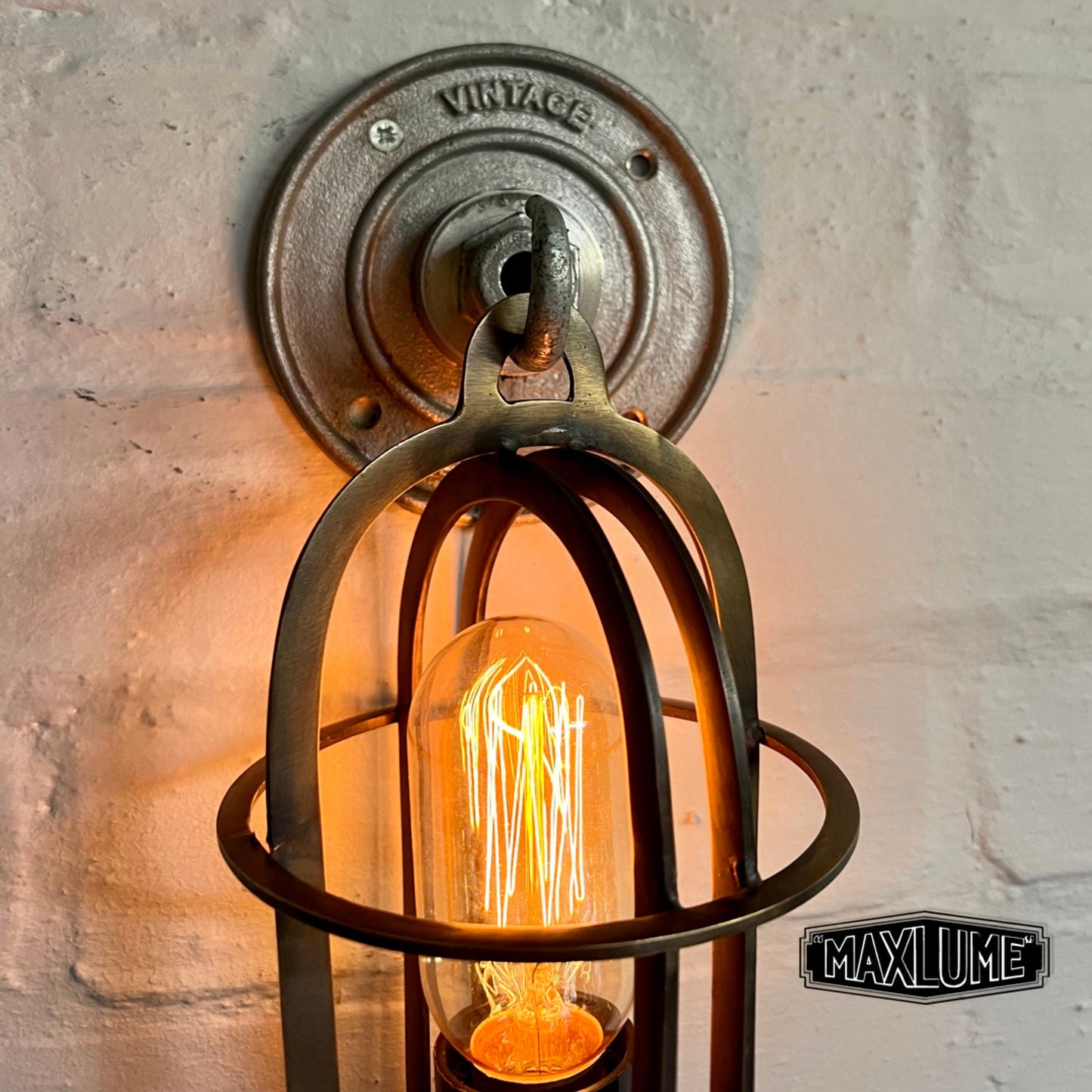 Solid Antique Brass Cage & Oxblood Leather Dimmable Lamp
