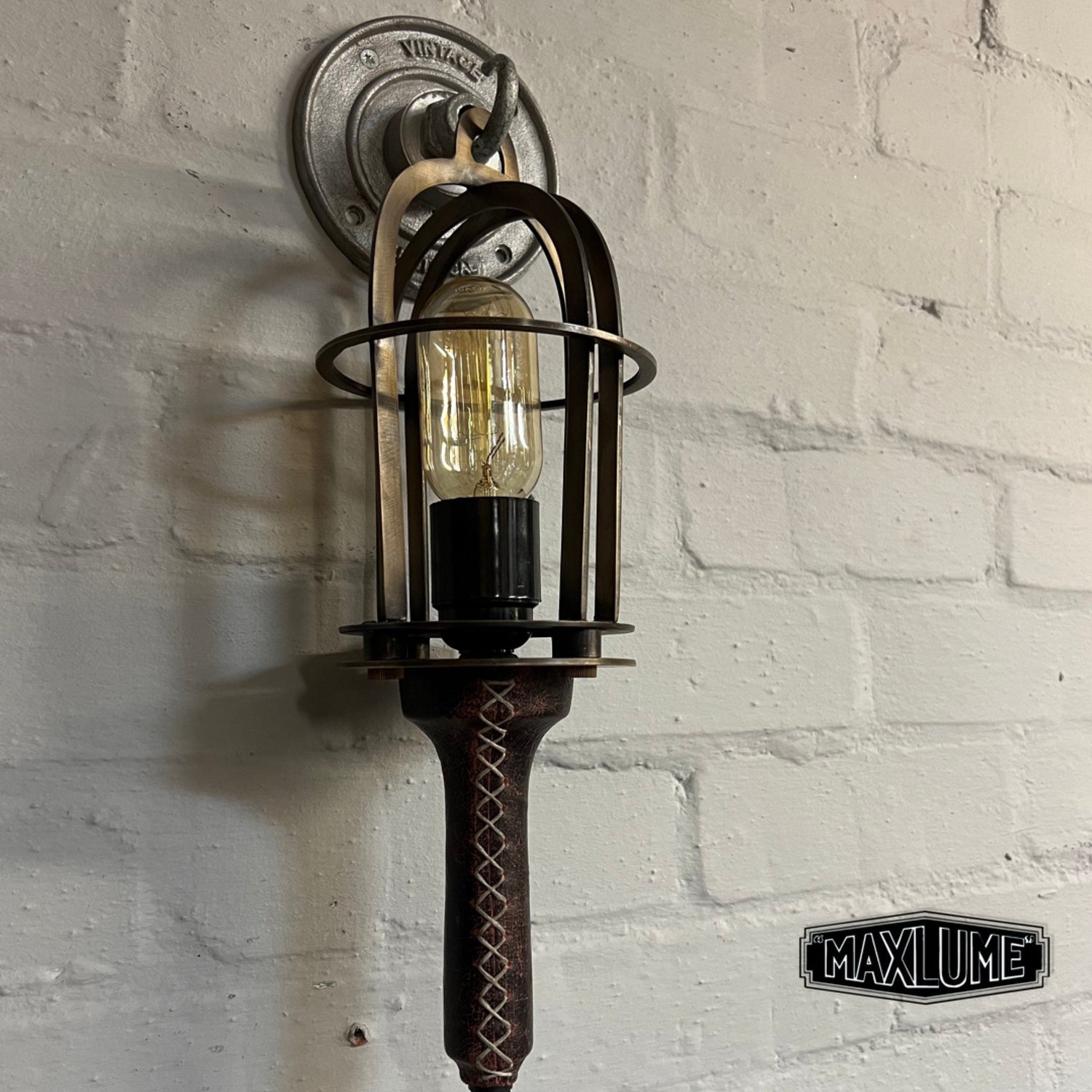 Solid Antique Brass Cage & Oxblood Leather Dimmable Lamp