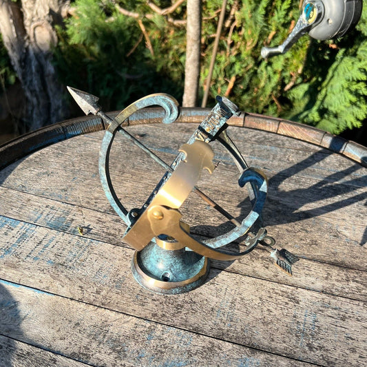 Armillary Small Sphere Sundial Solid Brass and Verdigris Patina Bronze Sculpture
