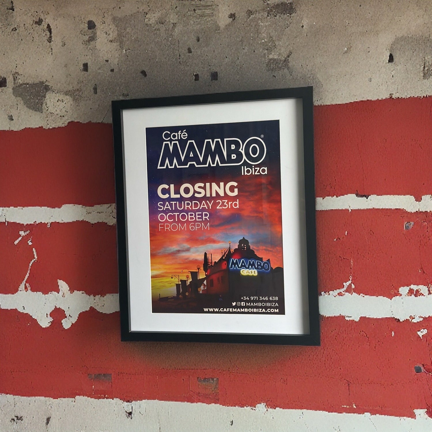 Café Mambo ~ Genuine Ibiza Framed Dj Artwork | Hi Ibiza | A3 Luxury Black Frame