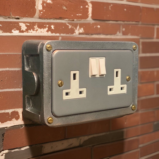 Grey Metal Clad Double Switched 13A Power Socket 230V 2 Gang 2G Socket Cast Metal Conduit Switch Industrial - BS EN Approved Vintage