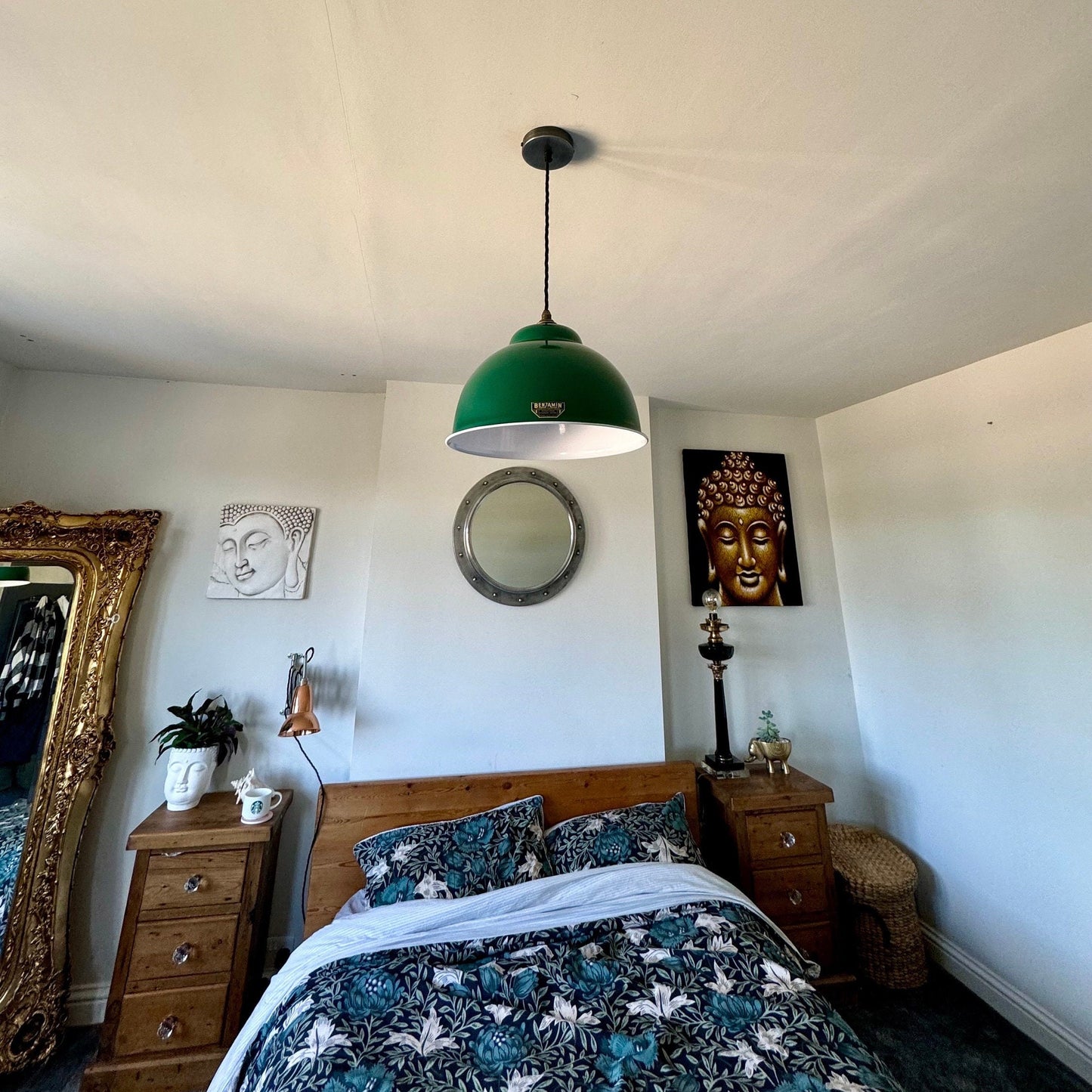 Morley XL ~ Original Green RLM Deep Dome Reflector Lampshade Pendant Set Light ~ 13 Inch