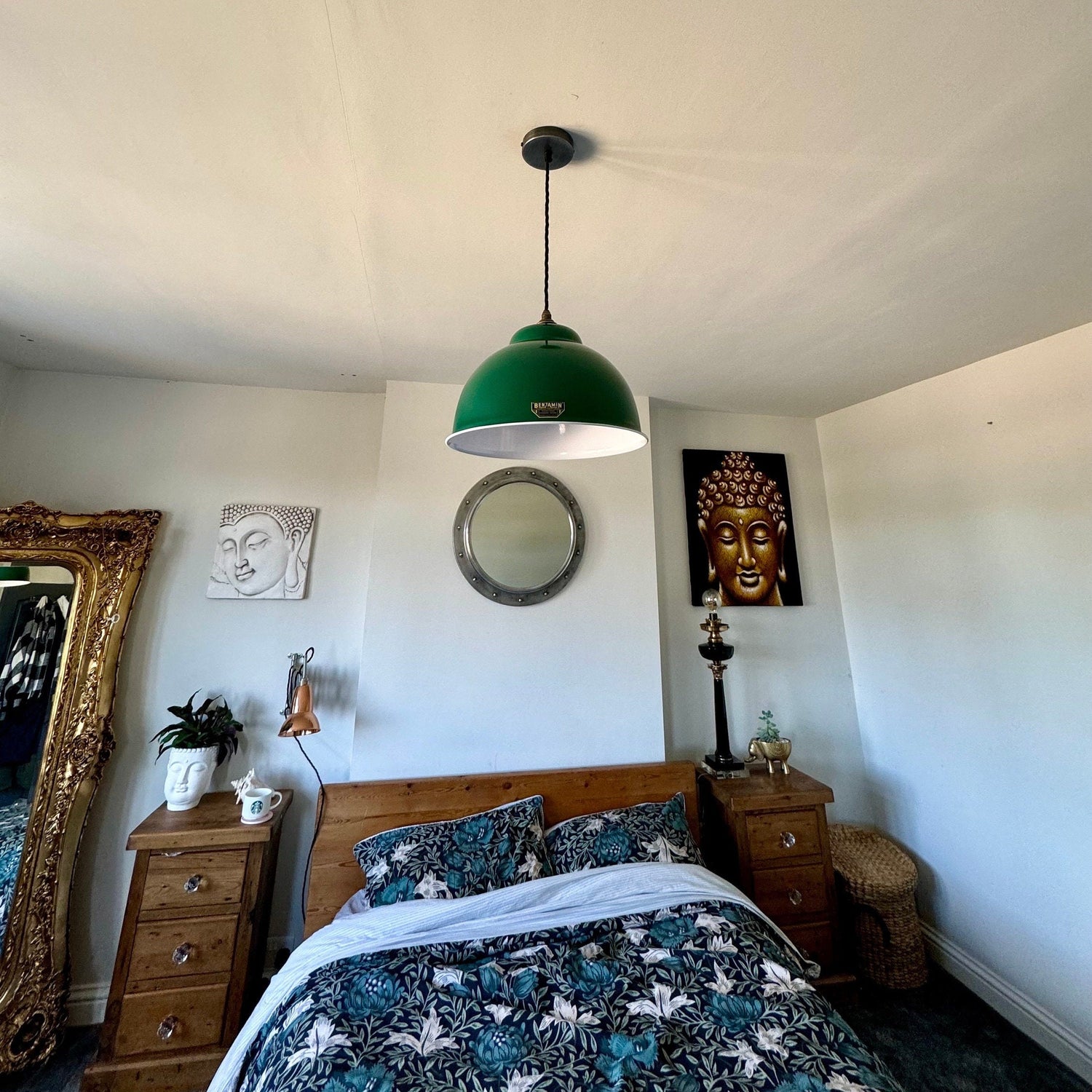 Morley XL ~ Original Green RLM Deep Dome Reflector Lampshade Pendant Set Light ~ 13 Inch