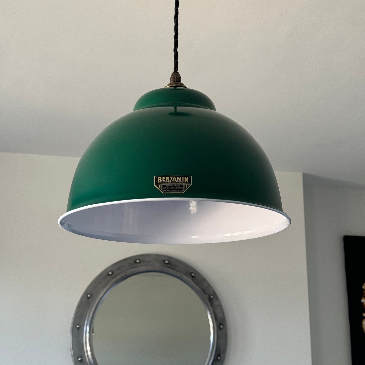 Morley XL ~ Original Green RLM Deep Dome Reflector Lampshade Pendant Set Light ~ 13 Inch
