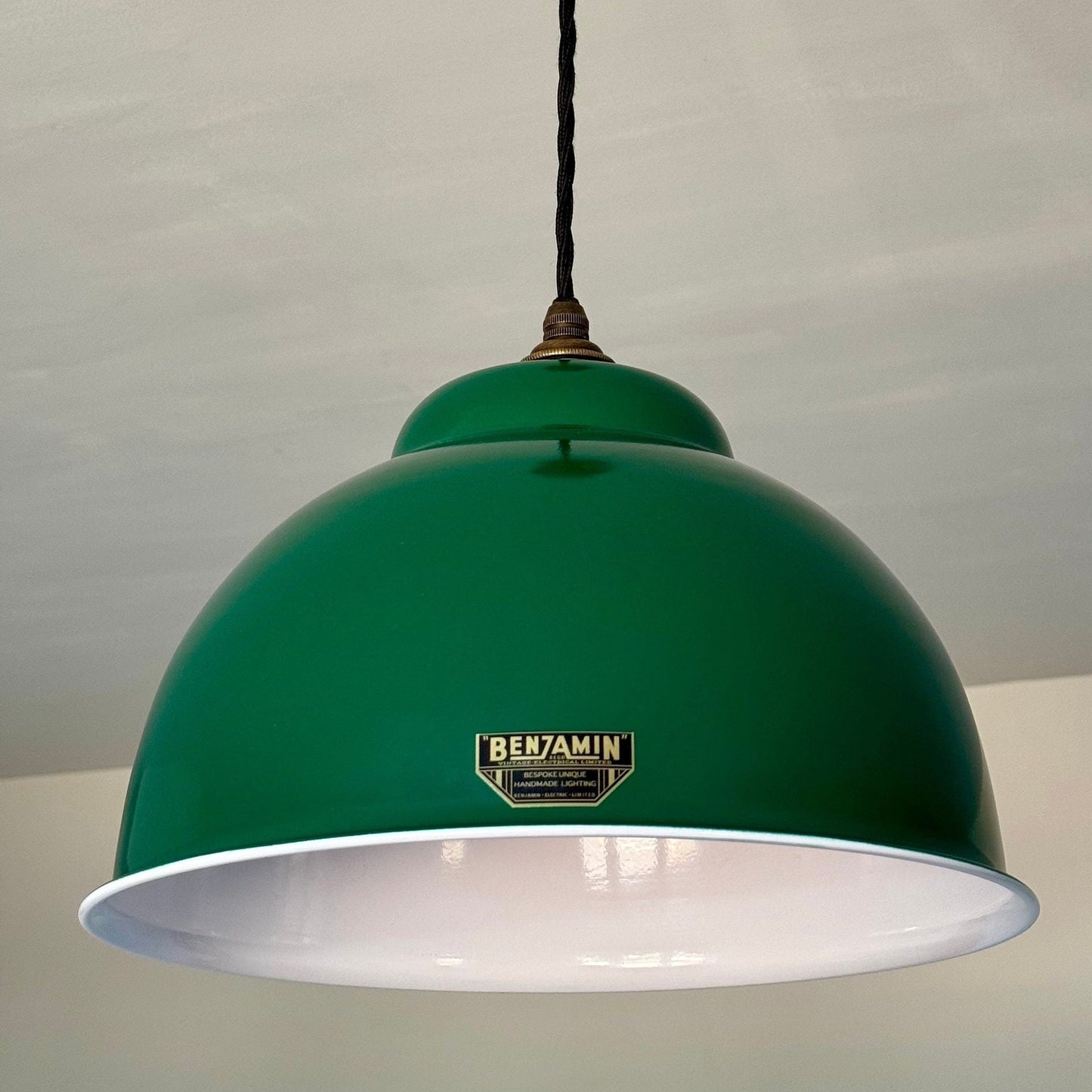 Morley XL ~ Original Green RLM Deep Dome Reflector Lampshade Pendant Set Light ~ 13 Inch