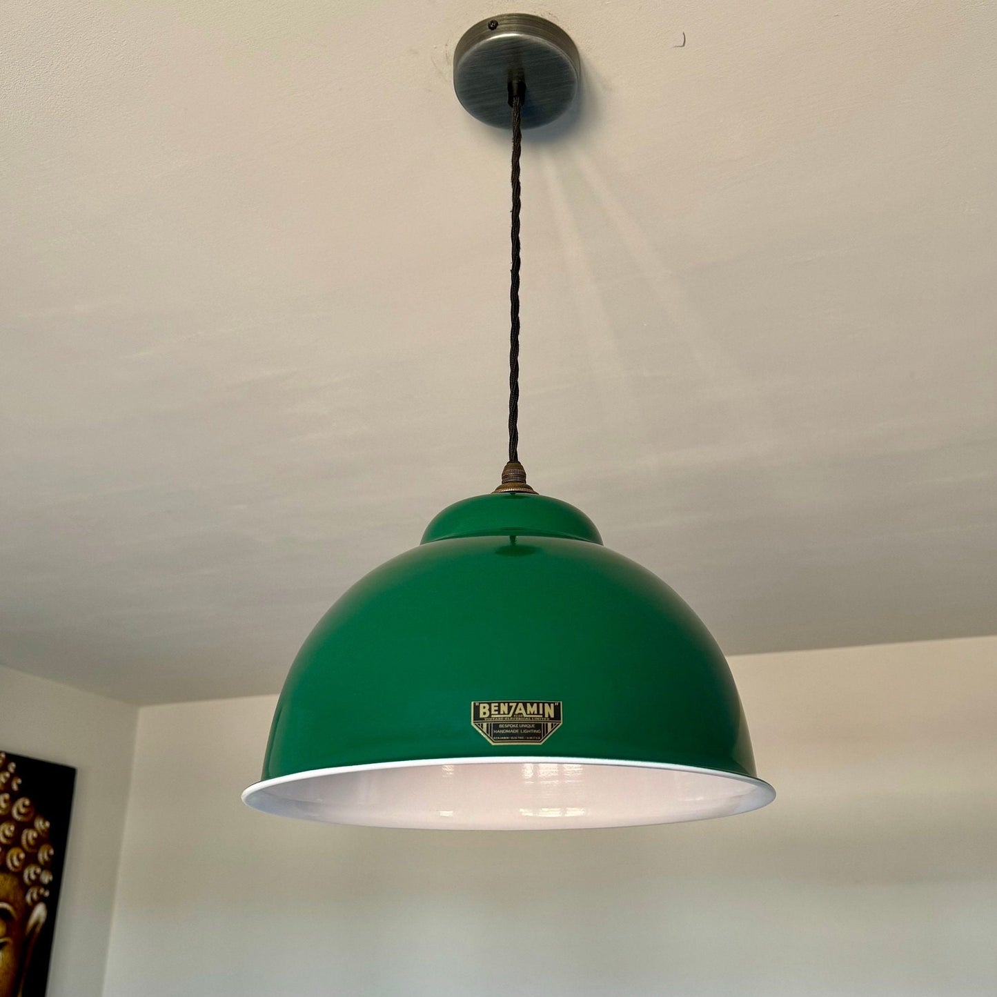 Morley XL ~ Original Green RLM Deep Dome Reflector Lampshade Pendant Set Light ~ 13 Inch