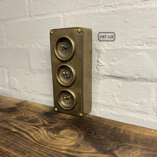 3 Gang Solid Cast Bronze Metal Light Switch Industrial 2 Way - BS EN Approved Vintage Crabtree 1950’s Style