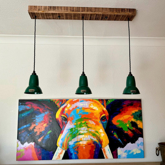 Alby ~ 3 x Racing Green Lampshade Pendant Set Wooden Track Light | Dining Room | Kitchen Table