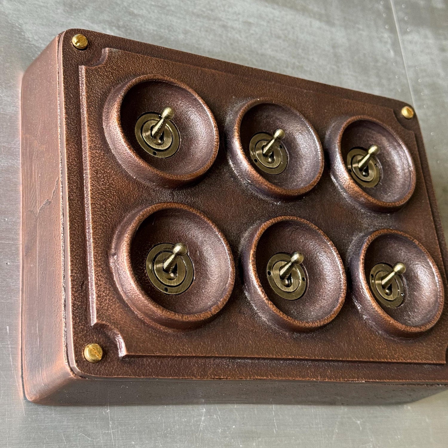6 Gang 2 Way Antique Copper Solid Cast Metal Conduit Light Switch Industrial - BS EN Vintage Crabtree 1950’s Style