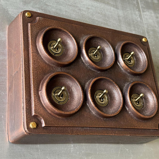 6 Gang 2 Way Antique Copper Solid Cast Metal Conduit Light Switch Industrial - BS EN Vintage Crabtree 1950’s Style
