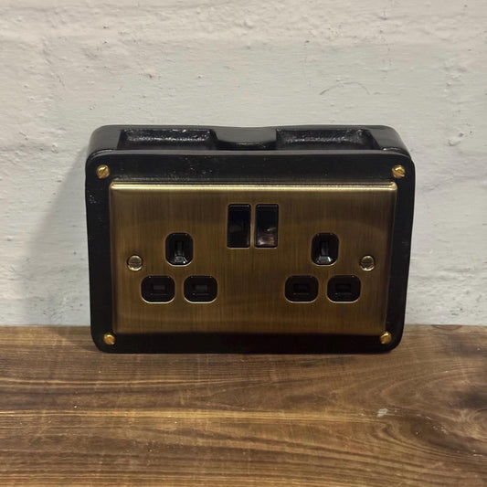 Black Double Switched Antique Brass 13A Power Socket 230V 13A 2 Gang 2G Solid Cast Metal Conduit Switch Industrial - BS EN Approved