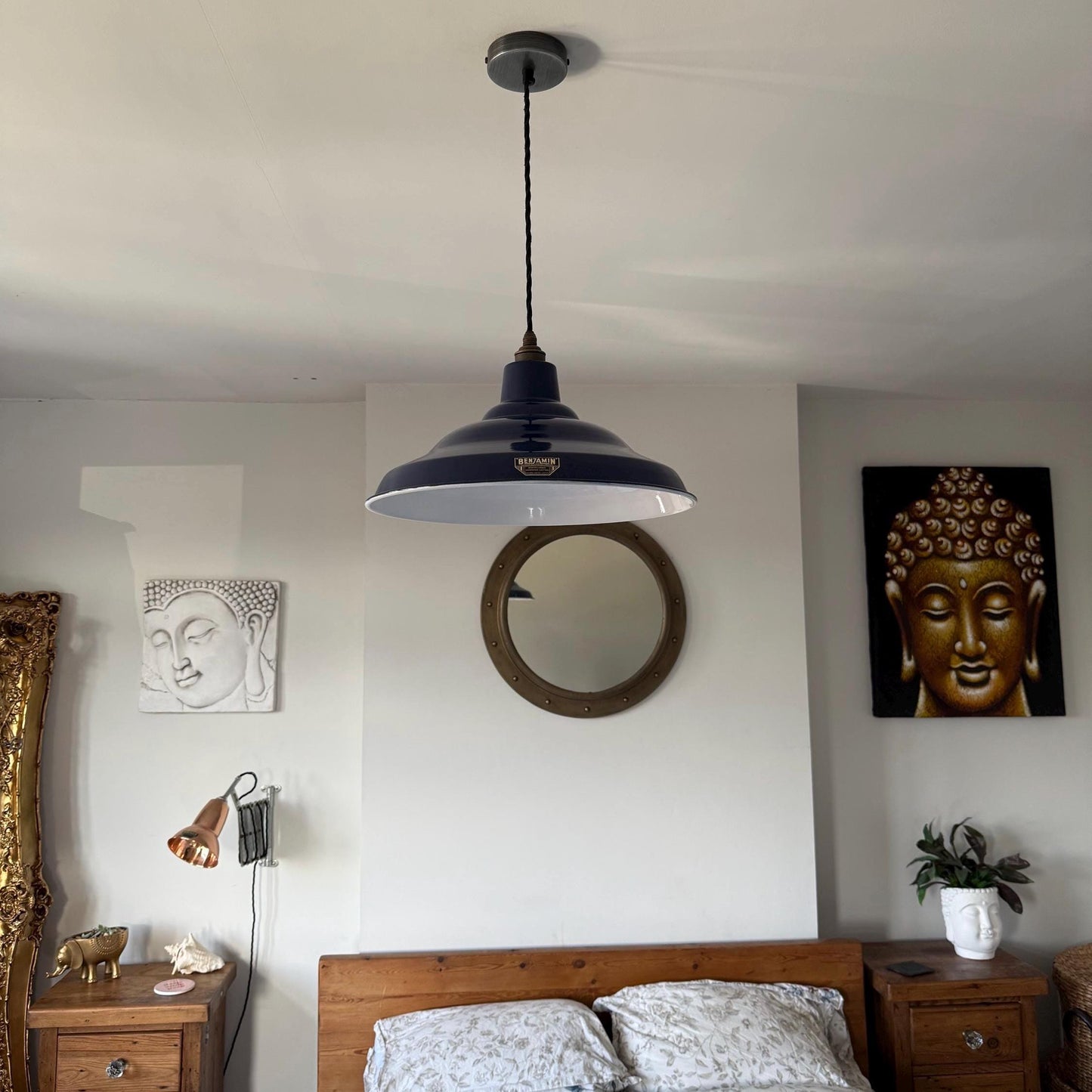 Bawsey ~ *Worn*Royal Blue Industrial Factory Shade Design Pendant Light ~ 16 Inch