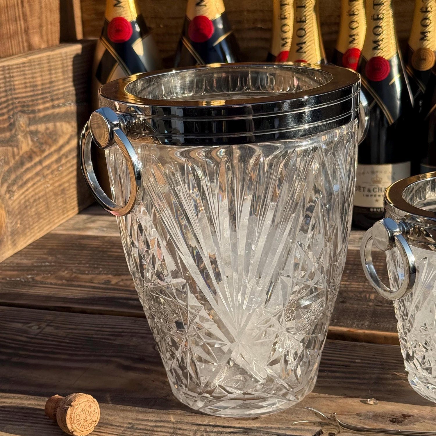 Maxlume ~ Luxury 3 Piece Solid Glass Hand Cut Engraved Wine & Ice Cooler Champagne Glass French Bucket