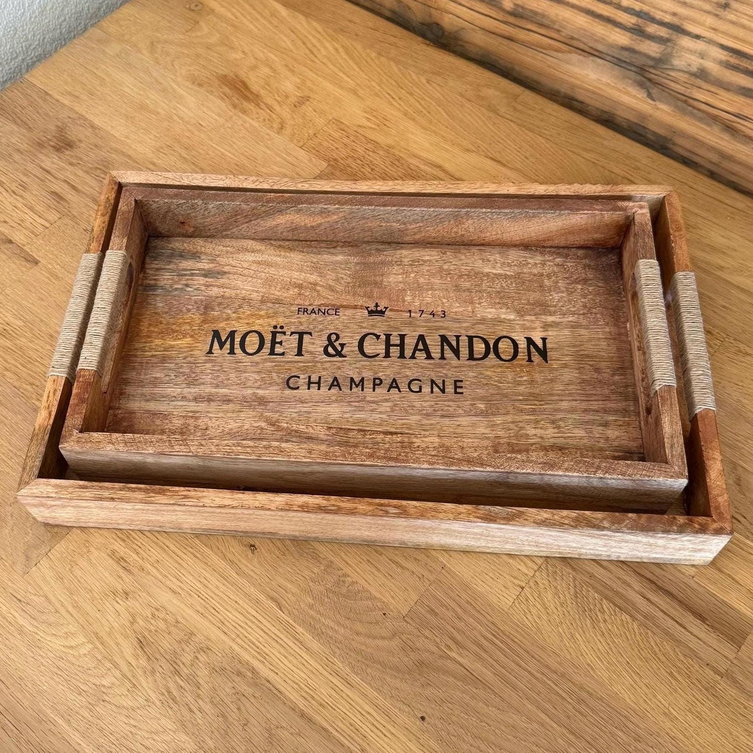 Wooden Serving Trays Moët & Chandon Champagne Butlers Crates Storage Boxes Natural Finish