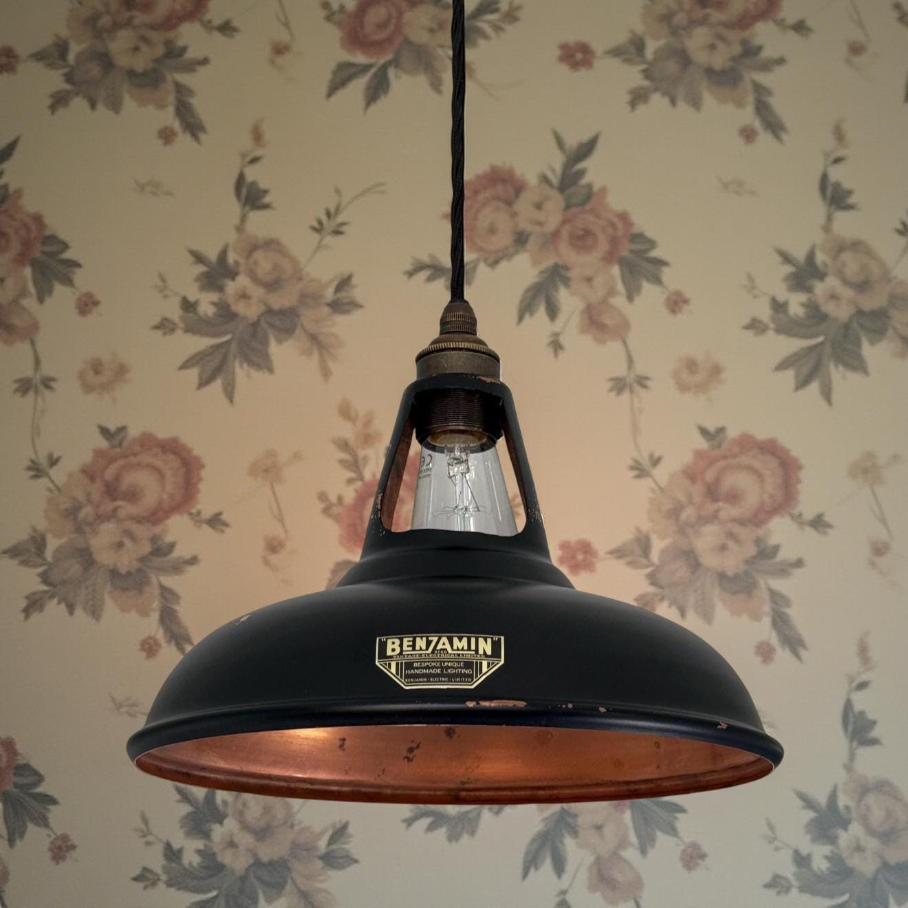Cawston ~ Matt Black & Antique Copper Lampshade Slotted Design Pendant Ceiling Light ~ 11 Inch