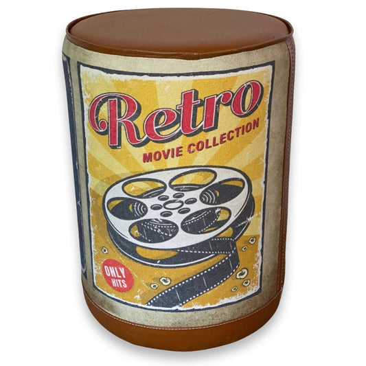 Pouffe ‘Movie Night’ Solid Base Genuine Leather Seat | Vintage Style | Floor Standing | Man Cave Foot Stool ~ Hand Crafted By Maxlume