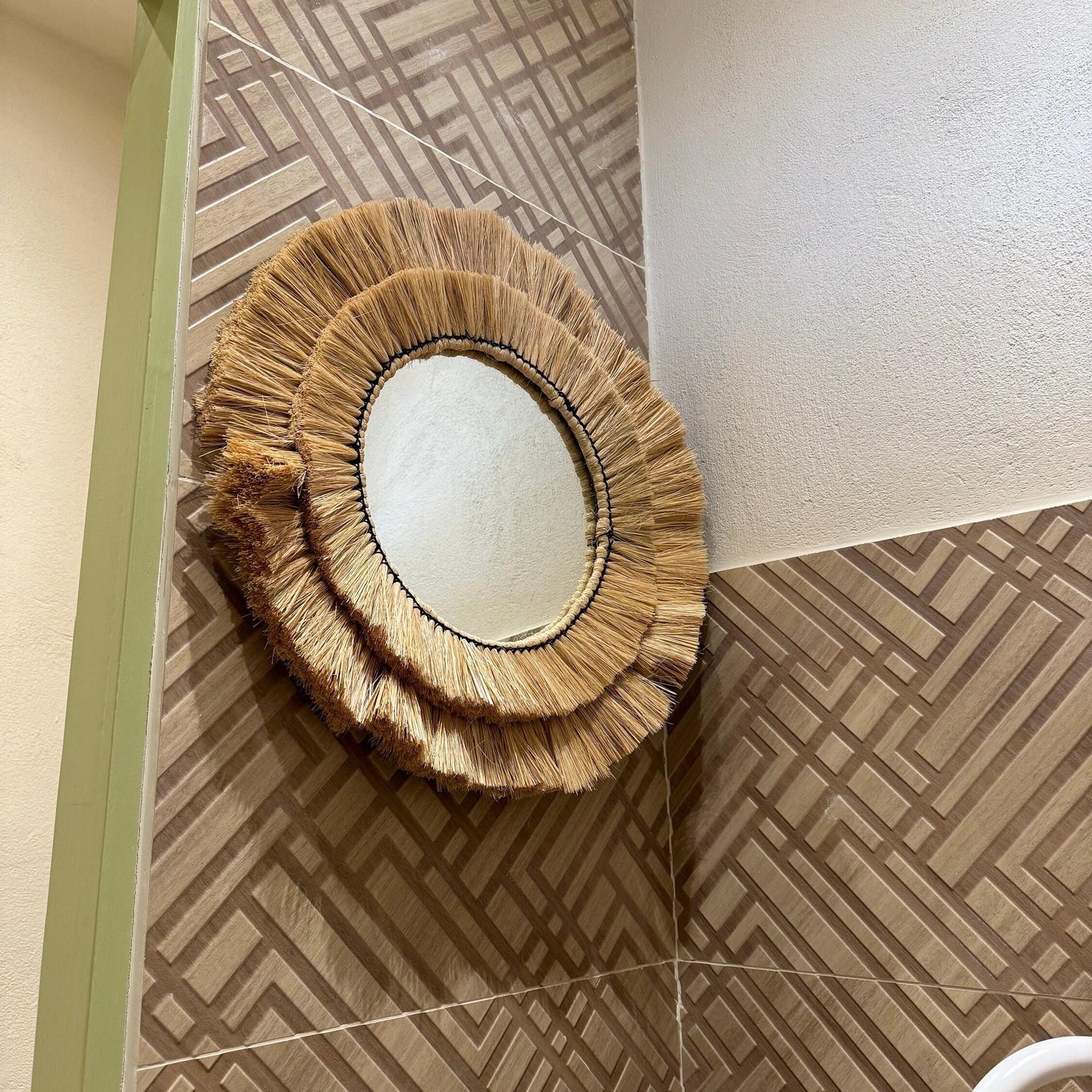 Maxlume ~ Handmade Round Wall Glass Mirror in double contour cane raffia for an ultra trendy decoration | made by hand | 22 Inch
