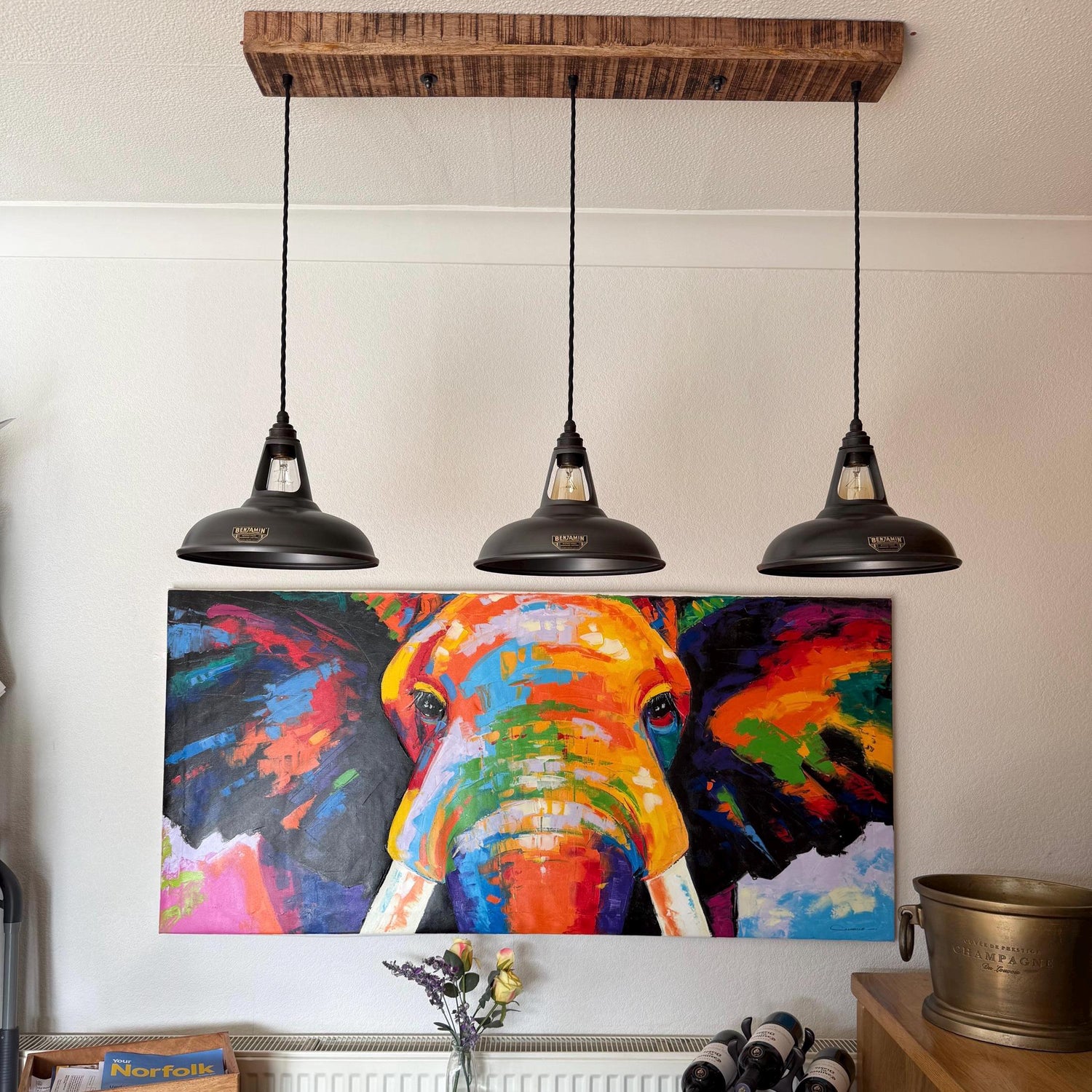 Cawston ~ 3 x Pewter Grey Lampshade Pendant Set Wooden Track Light | Dining Room Table | Kitchen Island Lighting