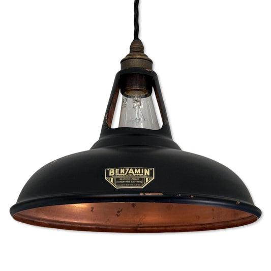 Cawston ~ Matt Black & Antique Copper Lampshade Slotted Design Pendant Ceiling Light ~ 11 Inch