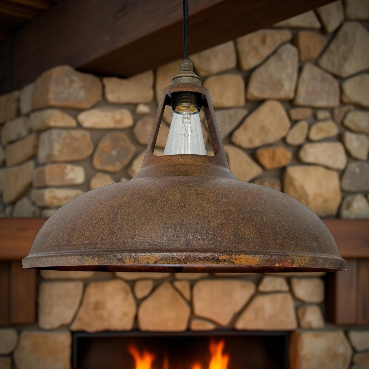 Cawston XL - Rusted Solid Steel Slotted Lampshade Pendant Set Light - 14 Inch