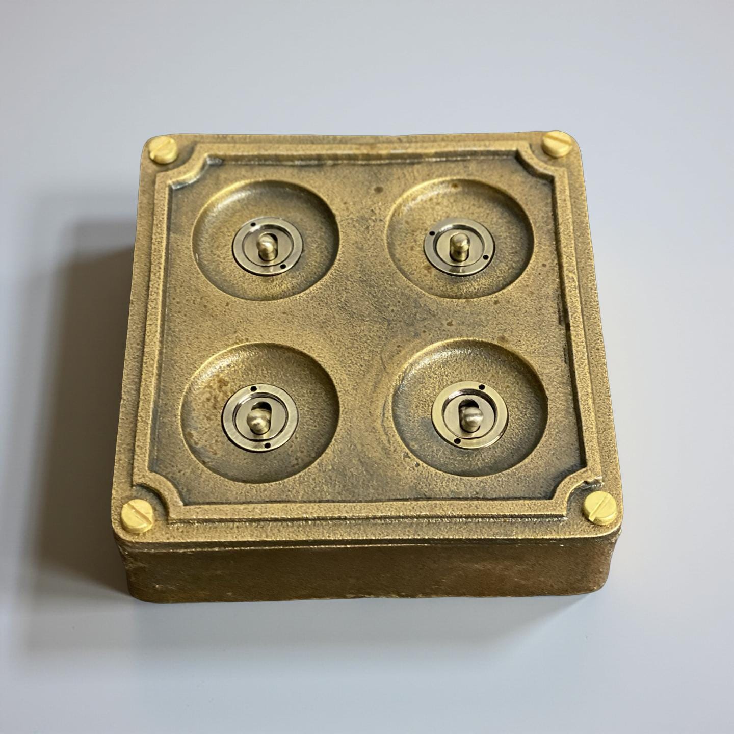 4 Gang 2 Way Solid Antique Brass Bronze Metal Surface Mounting Conduit Light Switch Industrial - BS EN Approved Vintage 1950’s Britmac Style