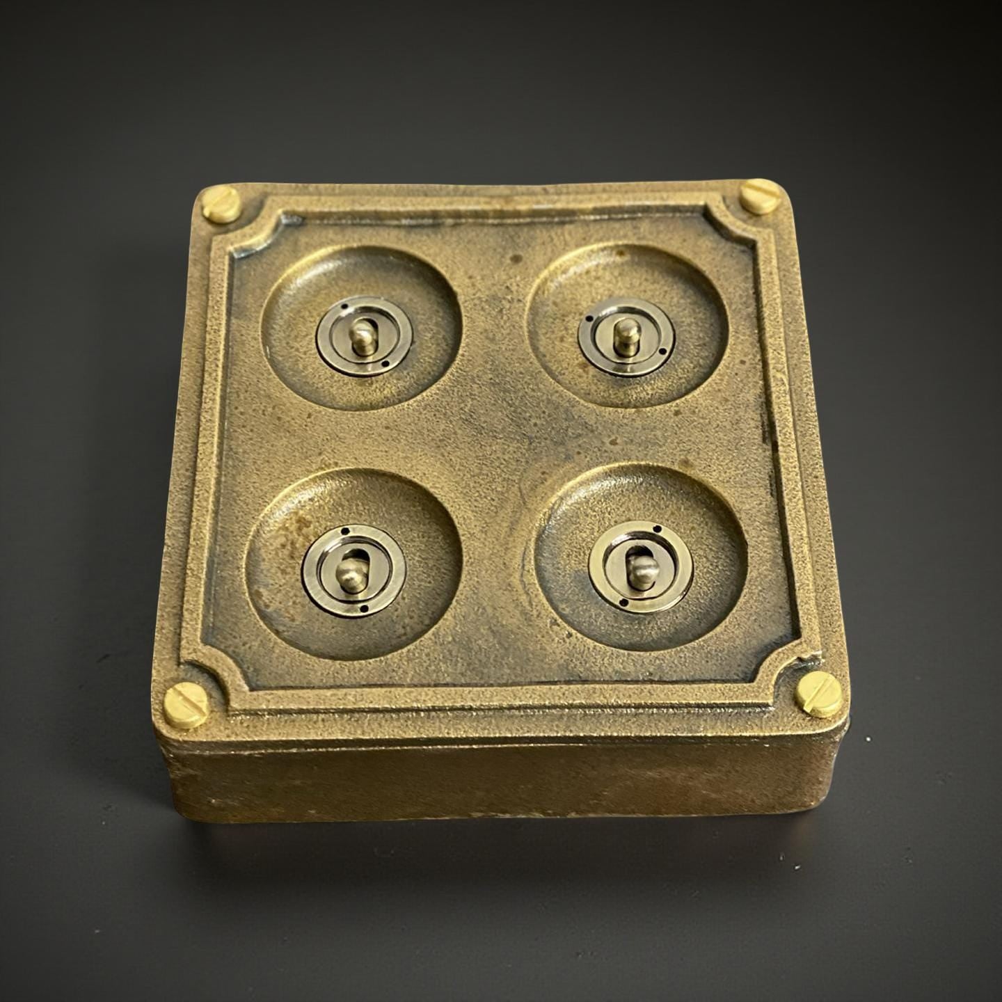4 Gang 2 Way Solid Antique Brass Bronze Metal Surface Mounting Conduit Light Switch Industrial - BS EN Approved Vintage 1950’s Britmac Style