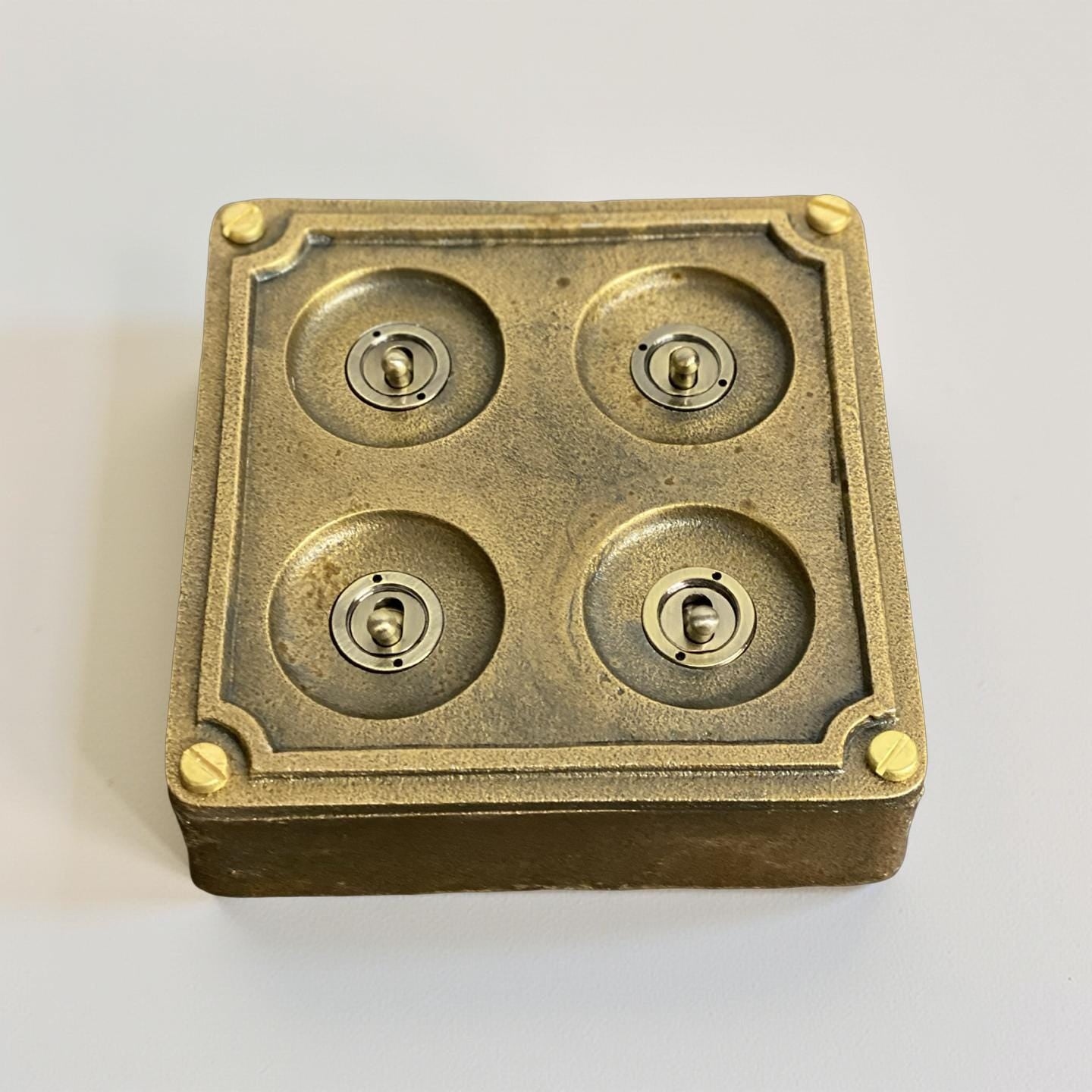 4 Gang 2 Way Solid Antique Brass Bronze Metal Surface Mounting Conduit Light Switch Industrial - BS EN Approved Vintage 1950’s Britmac Style