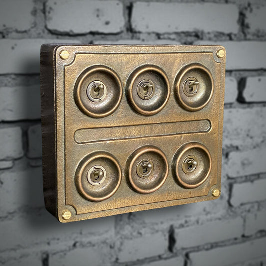 6 Gang 2 Way Bronze Solid Cast Metal Conduit Light Switch Industrial - BS EN Vintage Crabtree 1950’s Style