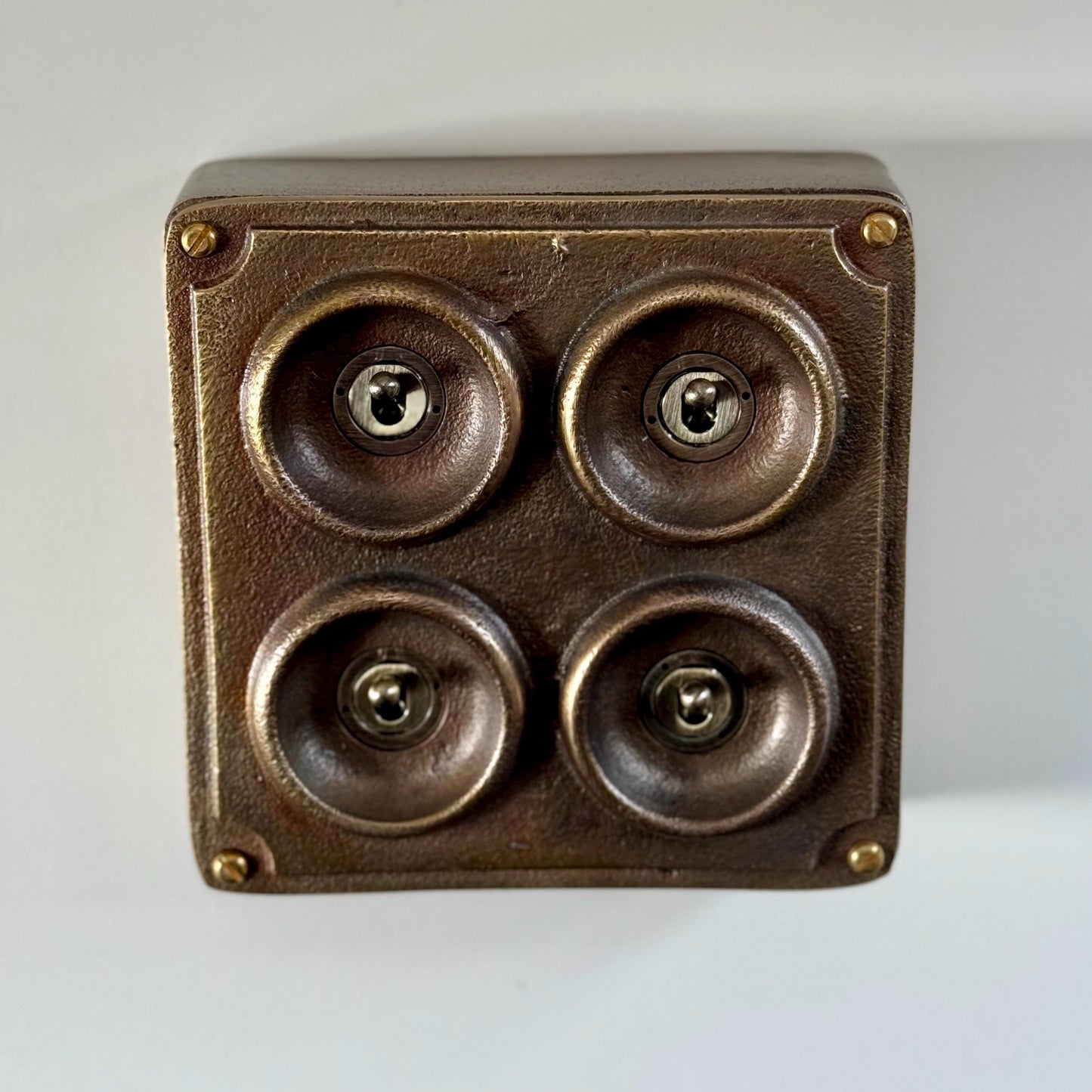 4 Gang 2 Way Solid Antique Brass Bronze Metal Conduit Light Switch Industrial - BS EN Approved Vintage Crabtree 1950’s Style