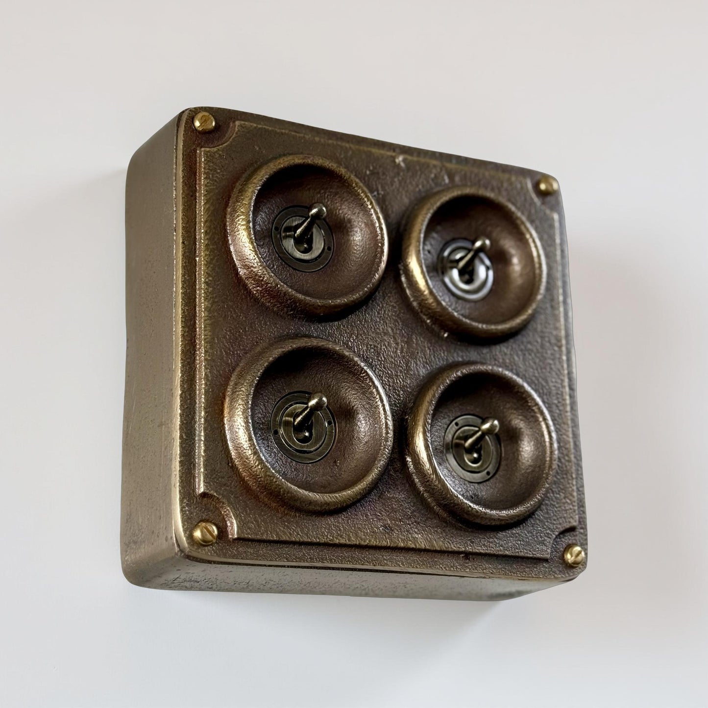 4 Gang 2 Way Solid Antique Brass Bronze Metal Conduit Light Switch Industrial - BS EN Approved Vintage Crabtree 1950’s Style