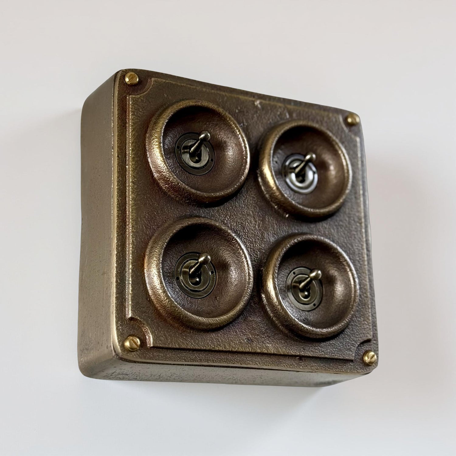 4 Gang 2 Way Solid Antique Brass Bronze Metal Conduit Light Switch Industrial - BS EN Approved Vintage Crabtree 1950’s Style