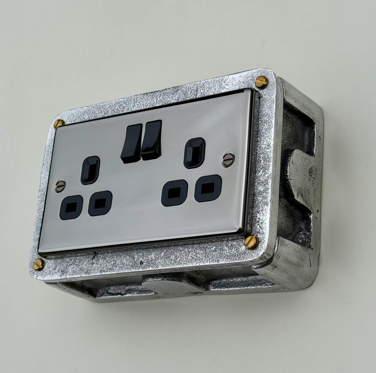 Double Mirror Finish 230V 13A 2 Gang 2G Socket Solid Cast Metal Conduit Switch Industrial 2 Way - BS EN Approved Vintage 1950’s Style