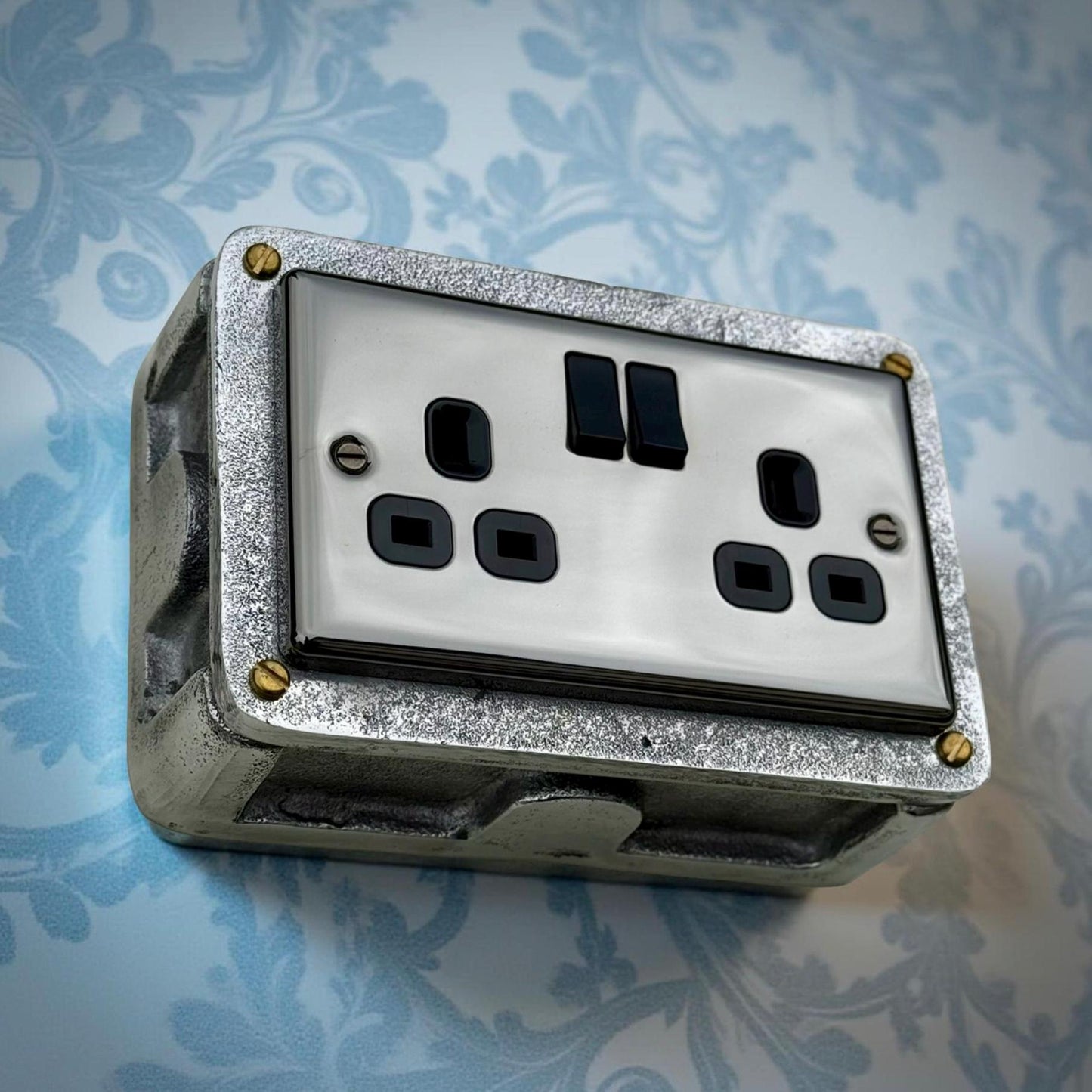 Double Mirror Finish 230V 13A 2 Gang 2G Socket Solid Cast Metal Conduit Switch Industrial 2 Way - BS EN Approved Vintage 1950’s Style