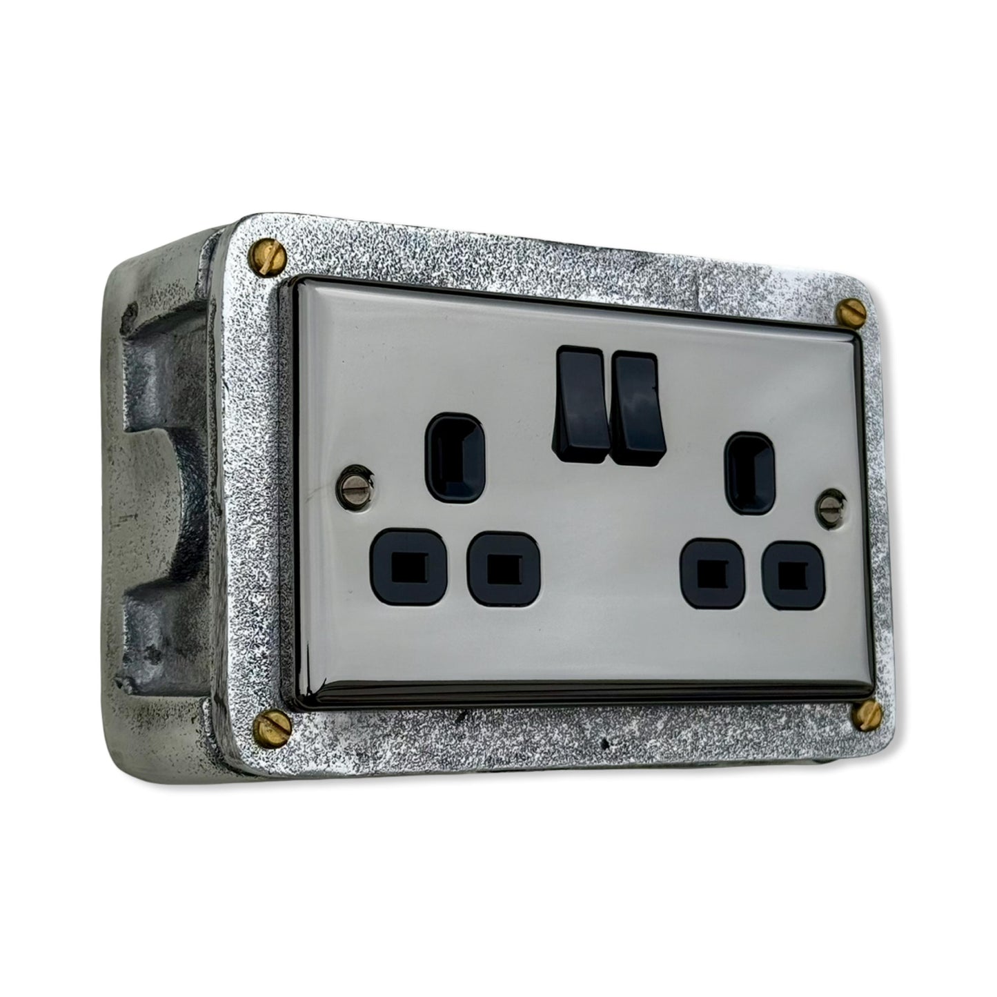 Double Mirror Finish 230V 13A 2 Gang 2G Socket Solid Cast Metal Conduit Switch Industrial 2 Way - BS EN Approved Vintage 1950’s Style