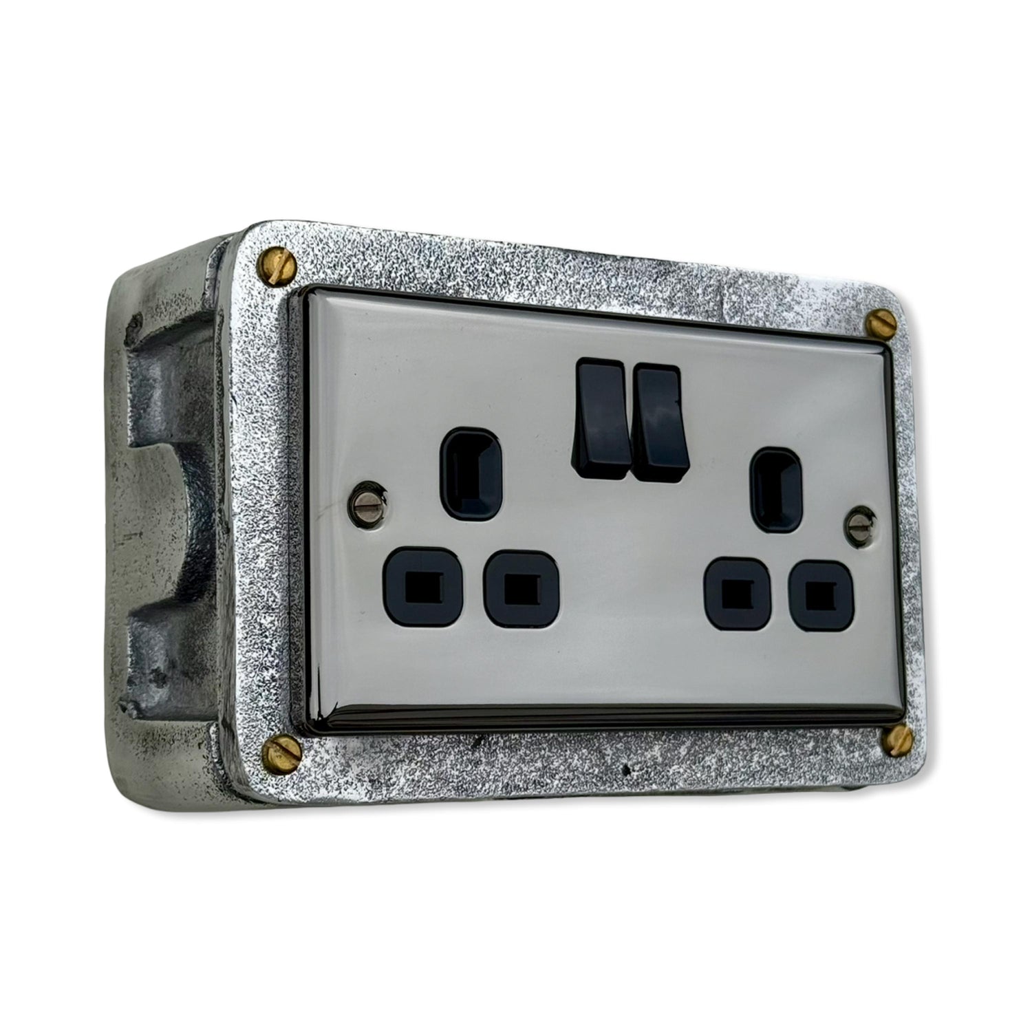 Double Mirror Finish 230V 13A 2 Gang 2G Socket Solid Cast Metal Conduit Switch Industrial 2 Way - BS EN Approved Vintage 1950’s Style